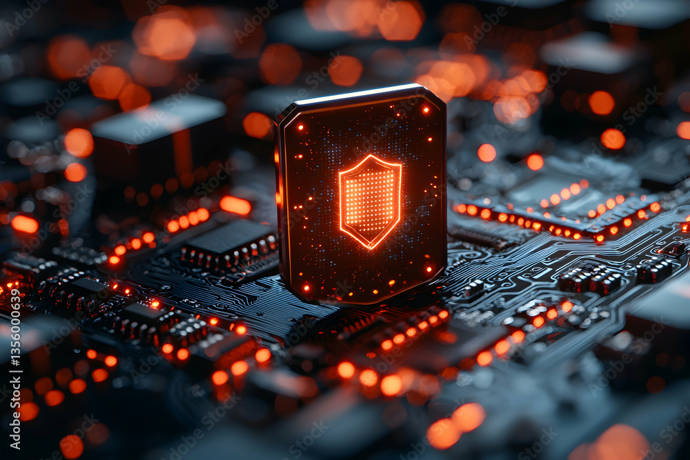 Poster a digital security concept featuring a glowing shield on a circuit board. it suggests data protectio