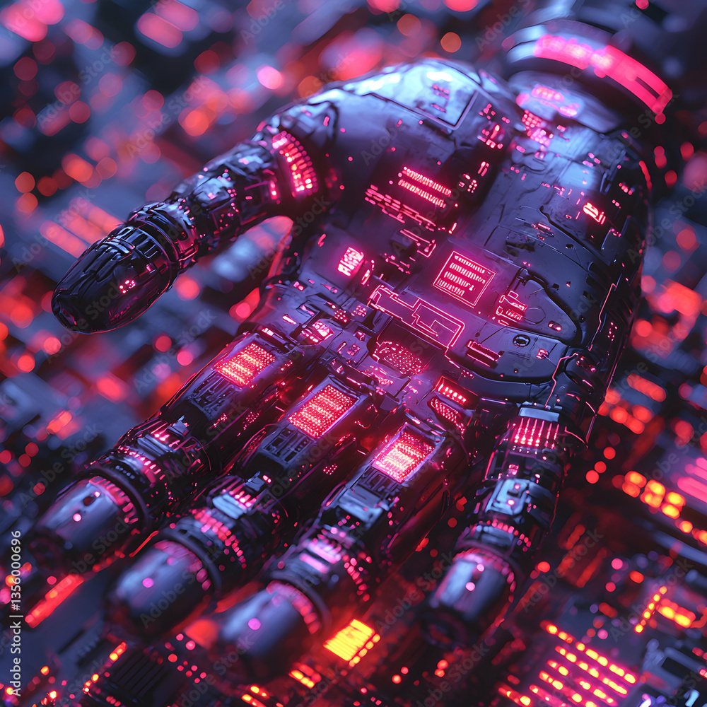 Poster a futuristic robotic hand glows with neon red lights representing a complex network of digital circu
