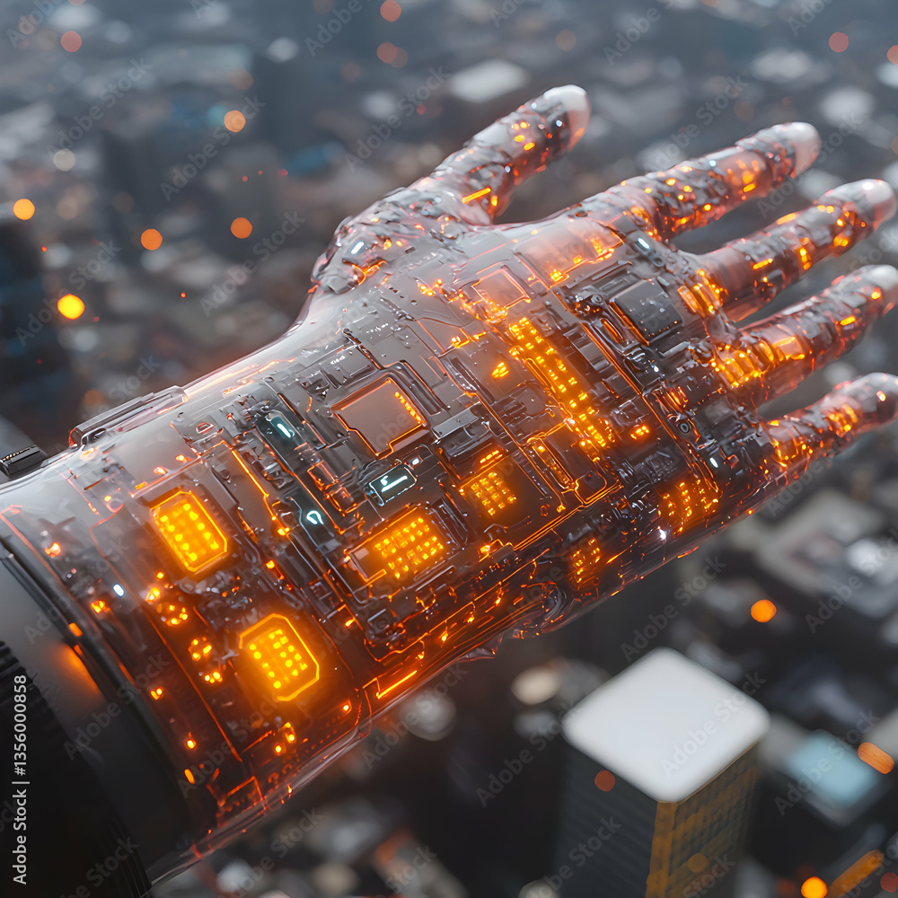Poster a futuristic hand made of transparent circuits glows. application: ai interface or digital control p