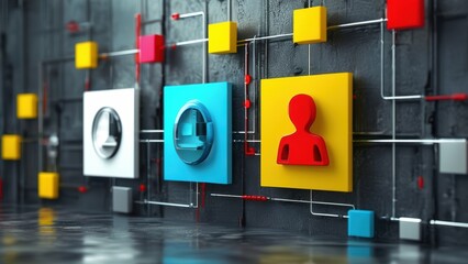 Colorful digital icons on a textured background symbolize technology.