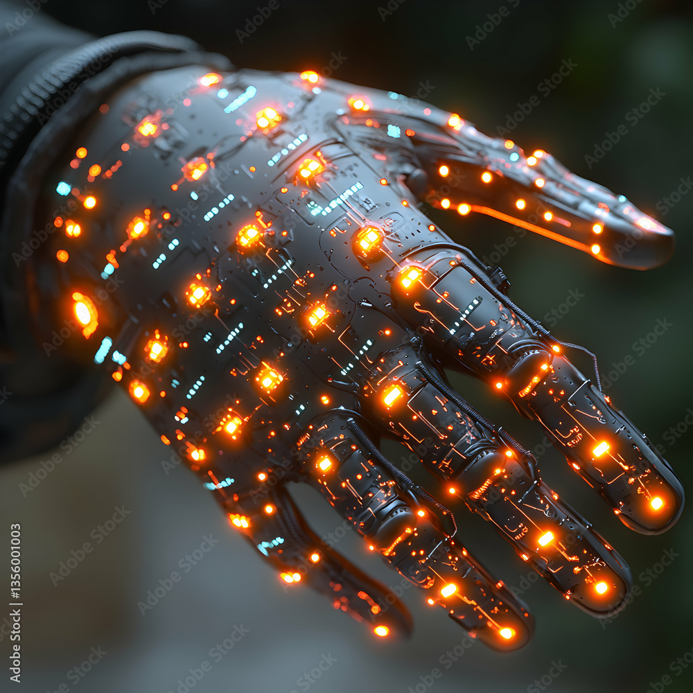 Poster futuristic robotic hand glowing circuits technology. potential applications include enhanced prosthe