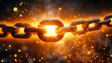 Breaking chain, sparks, intense fire, dark background. Possible use stock photo for strength, freedom, or overcoming challenges