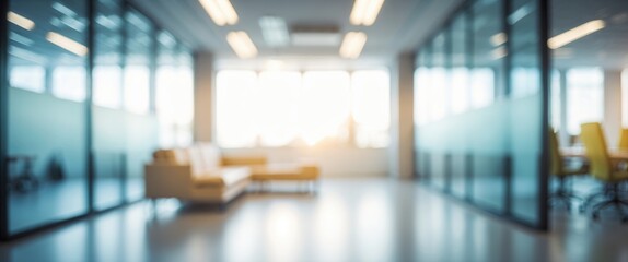 Fototapeta premium Blurred vacant open space office. Abstract light bokeh in the interior background.
