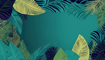 Hello Summer concept design with abstract illustrations on a background of exotic forest leaves