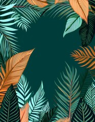 Hello Summer concept design with abstract illustrations on a background of exotic forest leaves