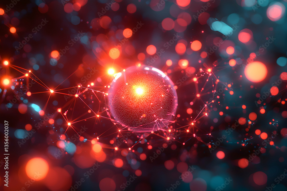 Poster a digital art piece featuring a glowing sphere surrounded by interconnected points and bokeh effects