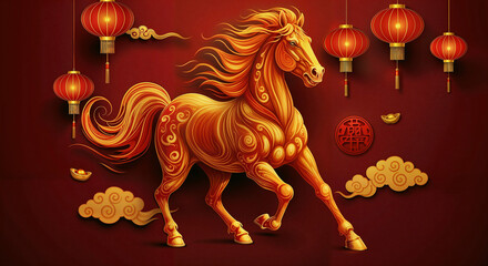 Red fire horse symbol of new year, holiday illustration postcard . Generative AI