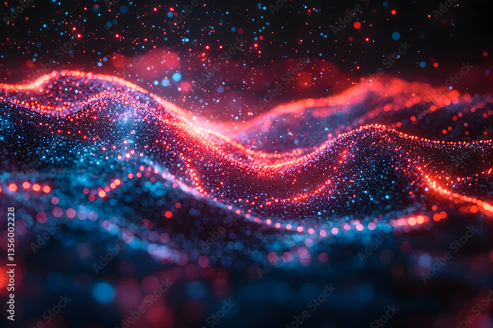Poster abstract digital art featuring glowing particles creating wave-like formations. use for science back