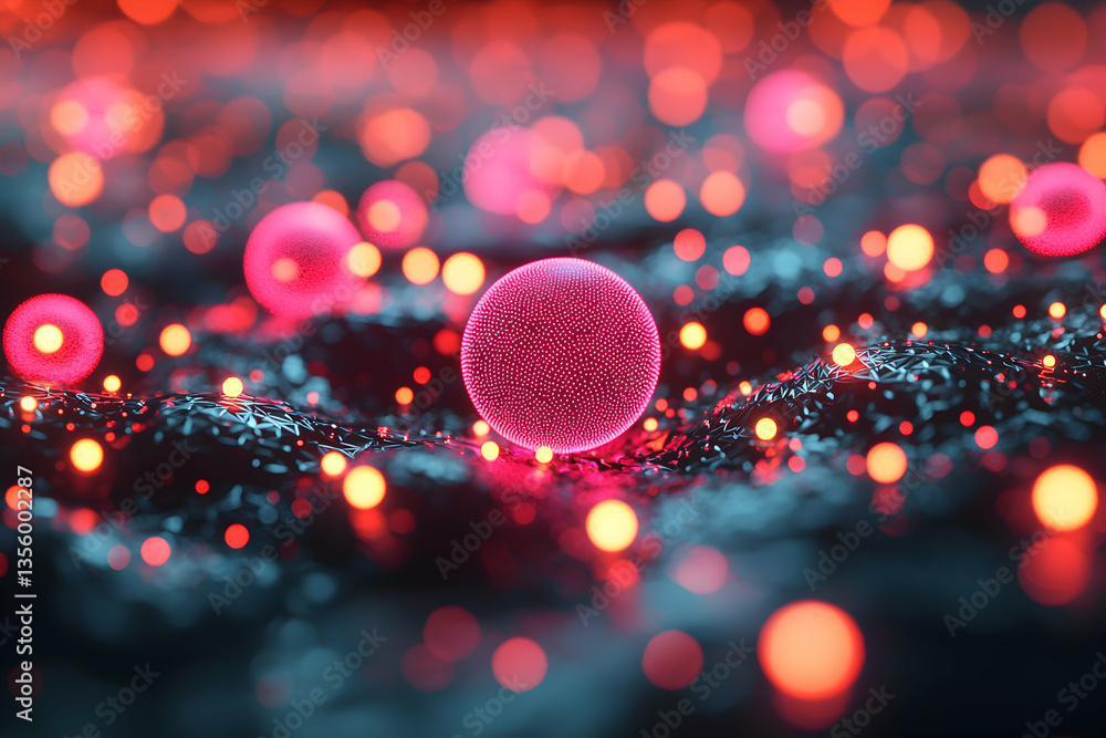 Poster abstract image showcasing glowing spheres and interconnected network. suitable for tech presentation