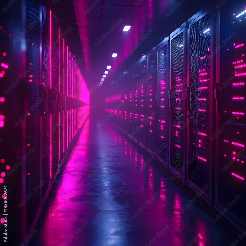 Poster a data center with server racks and neon lighting reflecting on a glossy floor. a great visual for t