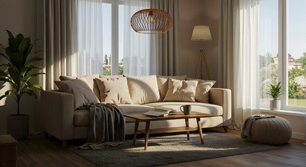 Cozy modern living room with beige sofa, wooden furniture, and natural light from large windows