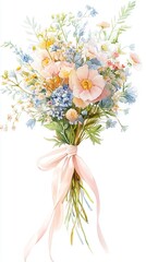 Wildflower Bouquet Watercolor Illustration
Loose bouquet of wildflowers in pastel pink, yellow, and blue tones, tied with a soft pink ribbon, airy watercolor illustration.
