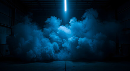 Dramatic blue smoke in a dark industrial warehouse with moody lighting