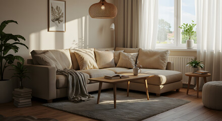 Cozy modern living room with neutral decor, sunlight, and Scandinavian interior design