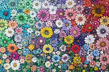 Colorful daisy flowers blooming in a garden, creating a vibrant floral pattern
