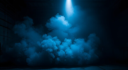 Dramatic blue smoke in a dark industrial space with moody lighting