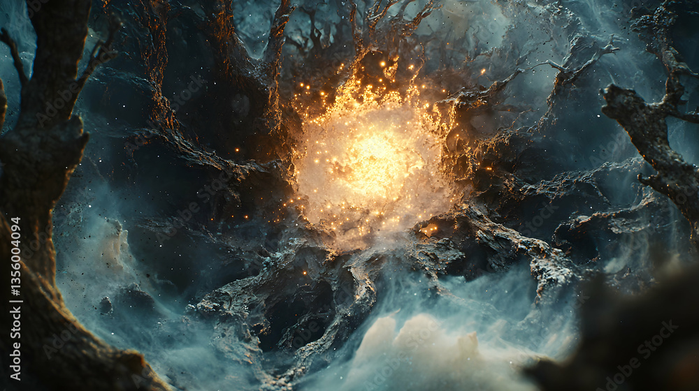 Poster an abstract image showcases a glowing explosion amidst dark textures possibly depicting space or a c
