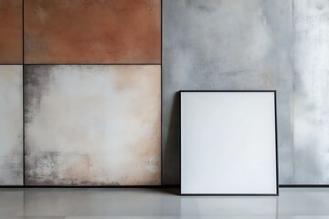 Blank square frame propped against textured, multi-panelled wall backdrop, art design concept