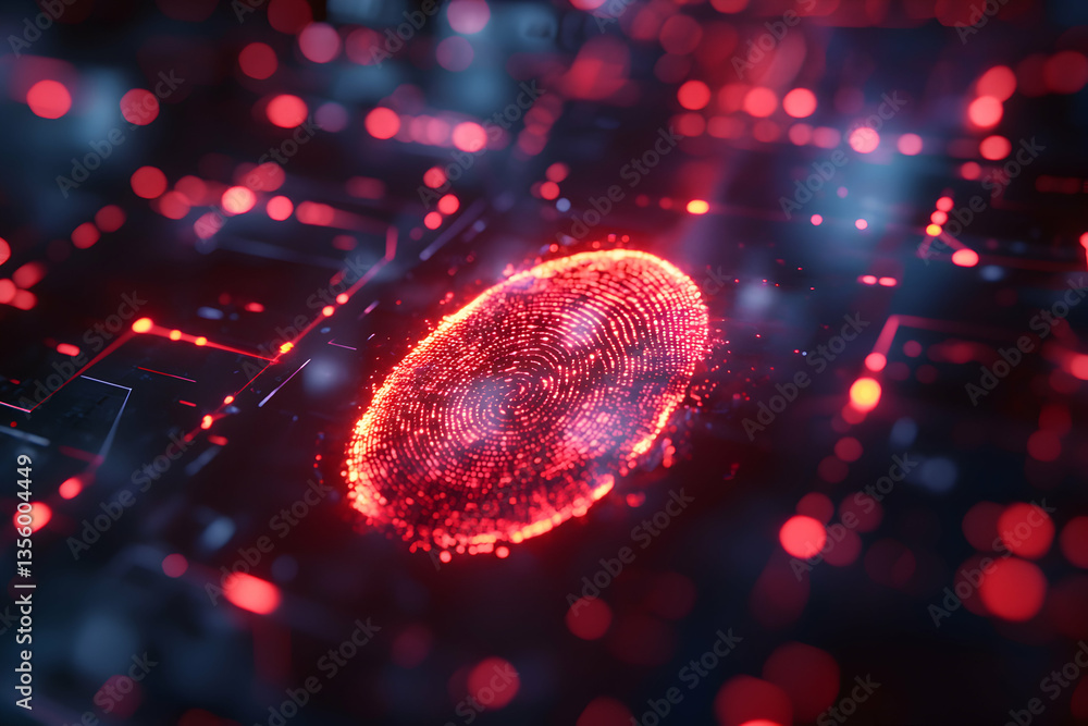 Poster a digital fingerprint glowing red representing biometric security and access control. it suggests te