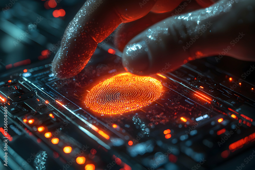 Poster a fingertip touches a glowing fingerprint sensor. futuristic tech concept highlights digital securit
