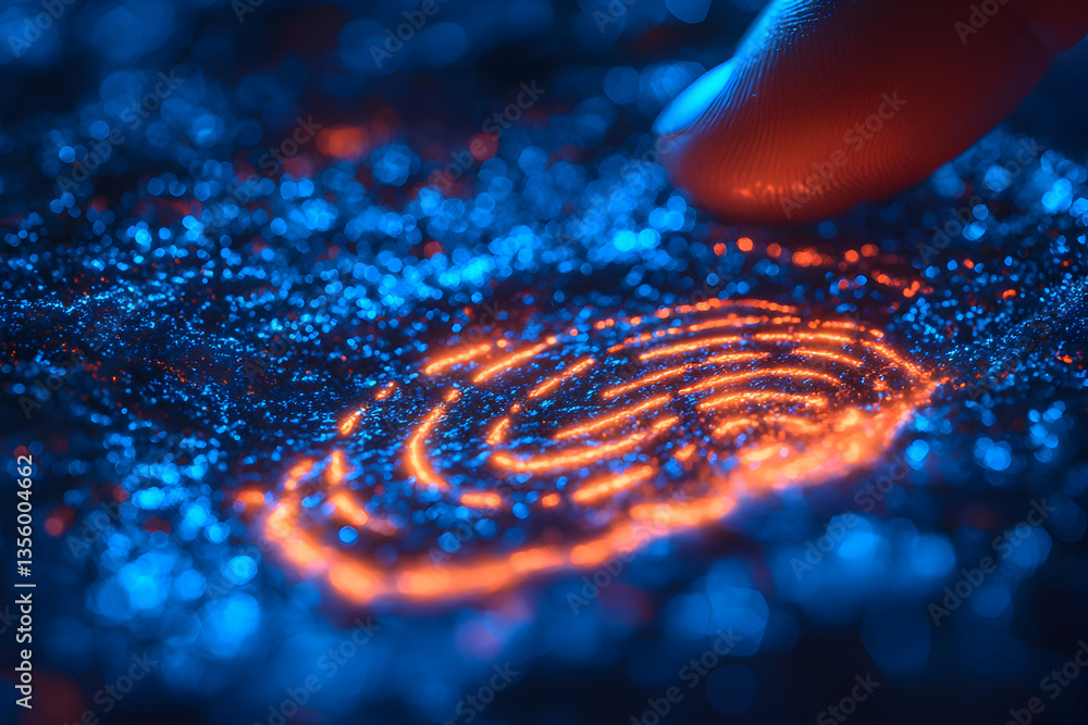 Poster a glowing fingerprint is revealed. this abstract image represents security authentication or forensi