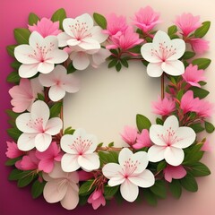 白色とピンク色のつつじの花のフレーム背景素材。テキストスペースあり。AIで生成
