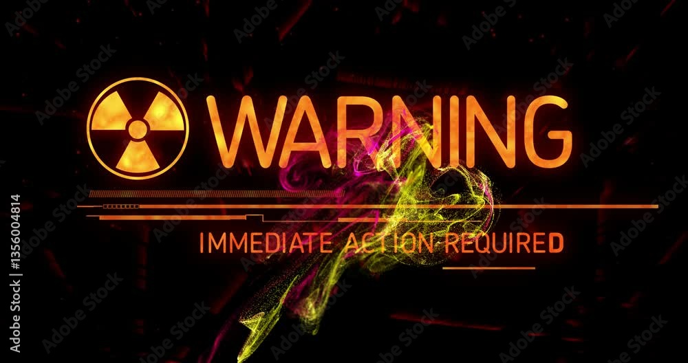 Poster radiation warning sign with immediate action required text over abstract colors