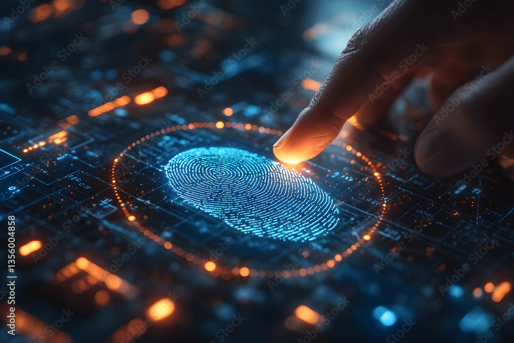 Poster fingerprint identification technology is a futuristic concept. it suggests data security or access c
