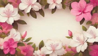 Fototapeta premium 白色とピンク色のつつじの花のフレーム背景素材。テキストスペースあり。AIで生成