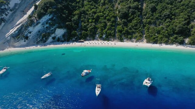 Drone view of Gidaki beach and turquoise sea at Ithaca Island, Ionian islands, Greece
