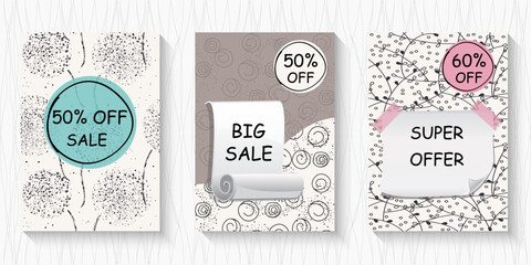 Big sale banner set. Special offer price label design. Super Sale promotion banner template. Doodle background. Vector Illustration.