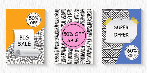 Big sale banner set. Special offer price label design. Super Sale promotion banner template. Doodle background. Vector Illustration.