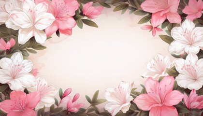 Fototapeta premium 白色とピンク色のつつじの花のフレーム背景素材。テキストスペースあり。AIで生成