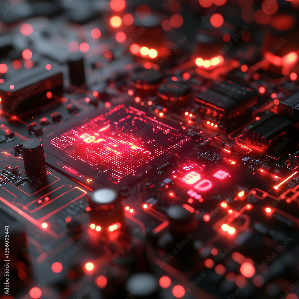 Poster intense close-up of a glowing red circuit board. suitable for technology or futuristic themes. could