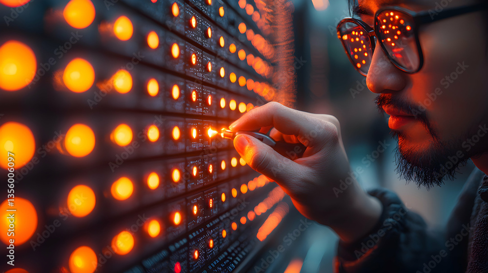 Poster a person works on a complex system with glowing lights reflected in their glasses. could be used for