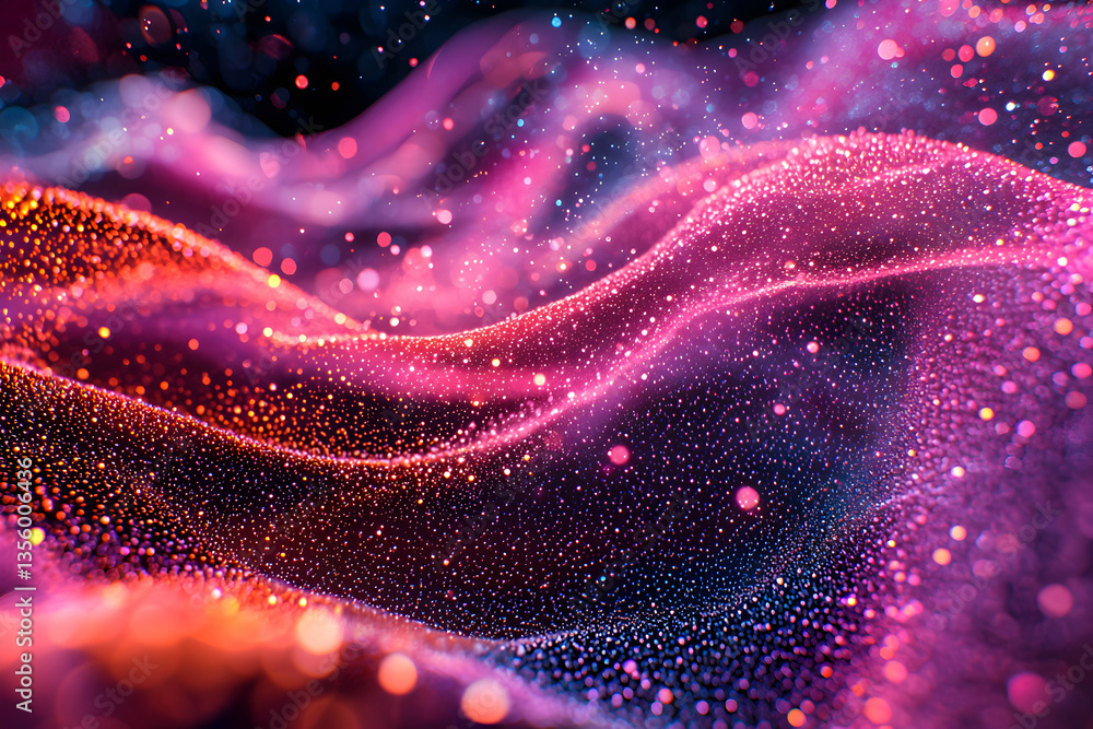 Poster abstract artwork of glowing particles creating wave-like forms. perfect for digital backgrounds or c