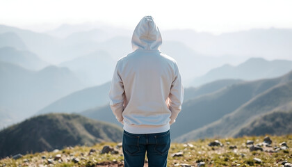 Back View Hoodie Mockup, Serene mountain landscape photorealistic white hoodie back view. Copy Space
