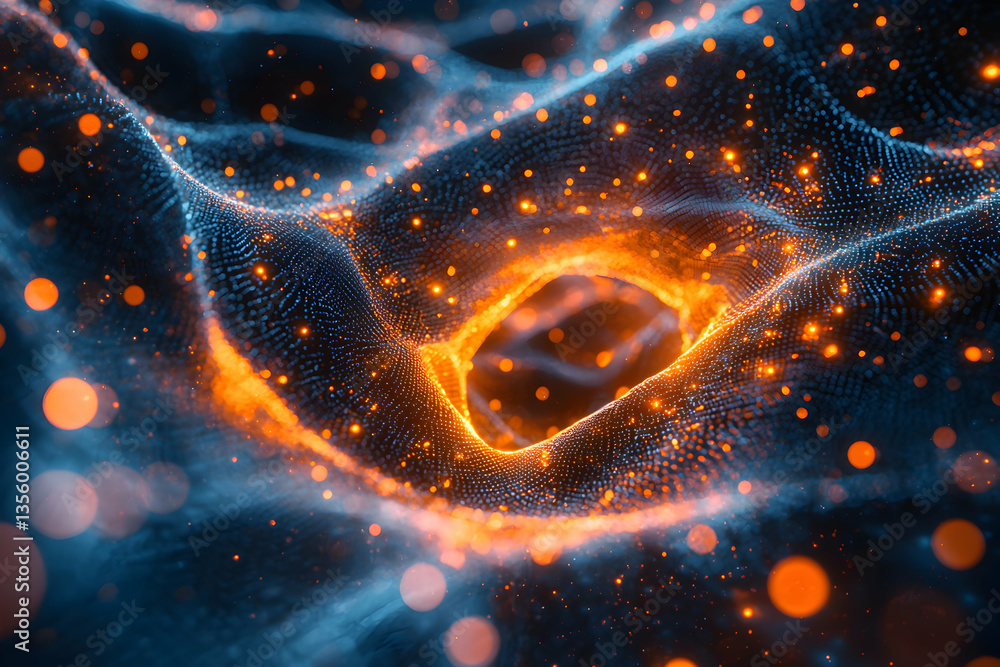 Poster abstract illustration depicts a luminous data stream resembling a wormhole or portal great for tech 