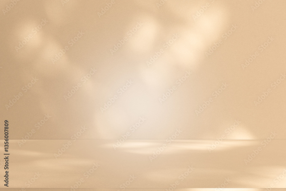 Poster Wall interior background, studio and backdrops show products. with leaf shadow from window color beige and white. background for text insertion and presentation of product	