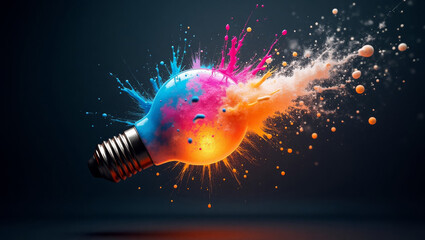 Creative light bulb explodes with colorful paint and splashes on a black background. Think differently creative idea concept