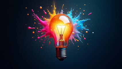 Creative light bulb explodes with colorful paint and splashes on a black background. Think differently creative idea concept