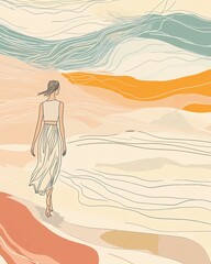 Abstract line art of a fashion figure Woman walks through serene abstract landscape.