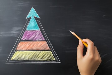 Hand drawing upward arrow pyramid chart on blackboard.