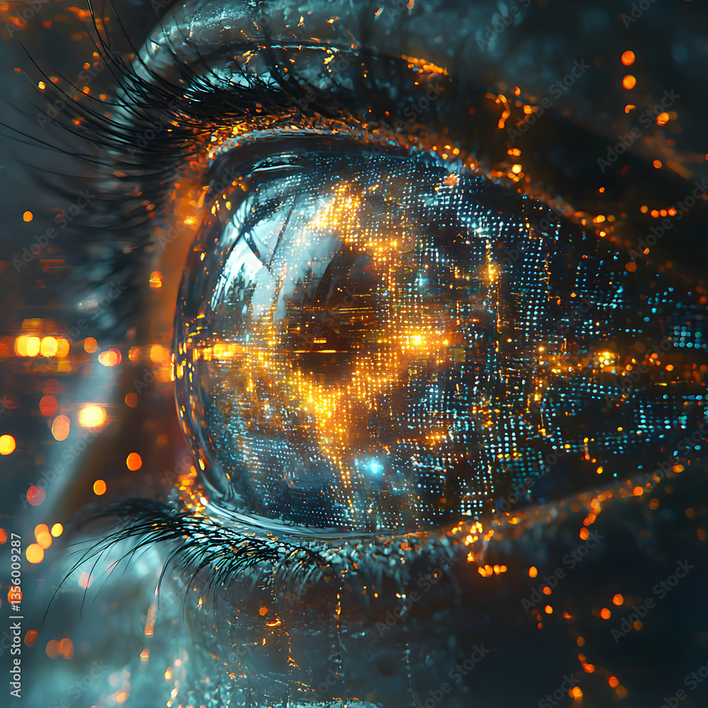 Poster futuristic eye with data patterns. suggests technology ai or a digital world. can illustrate concept