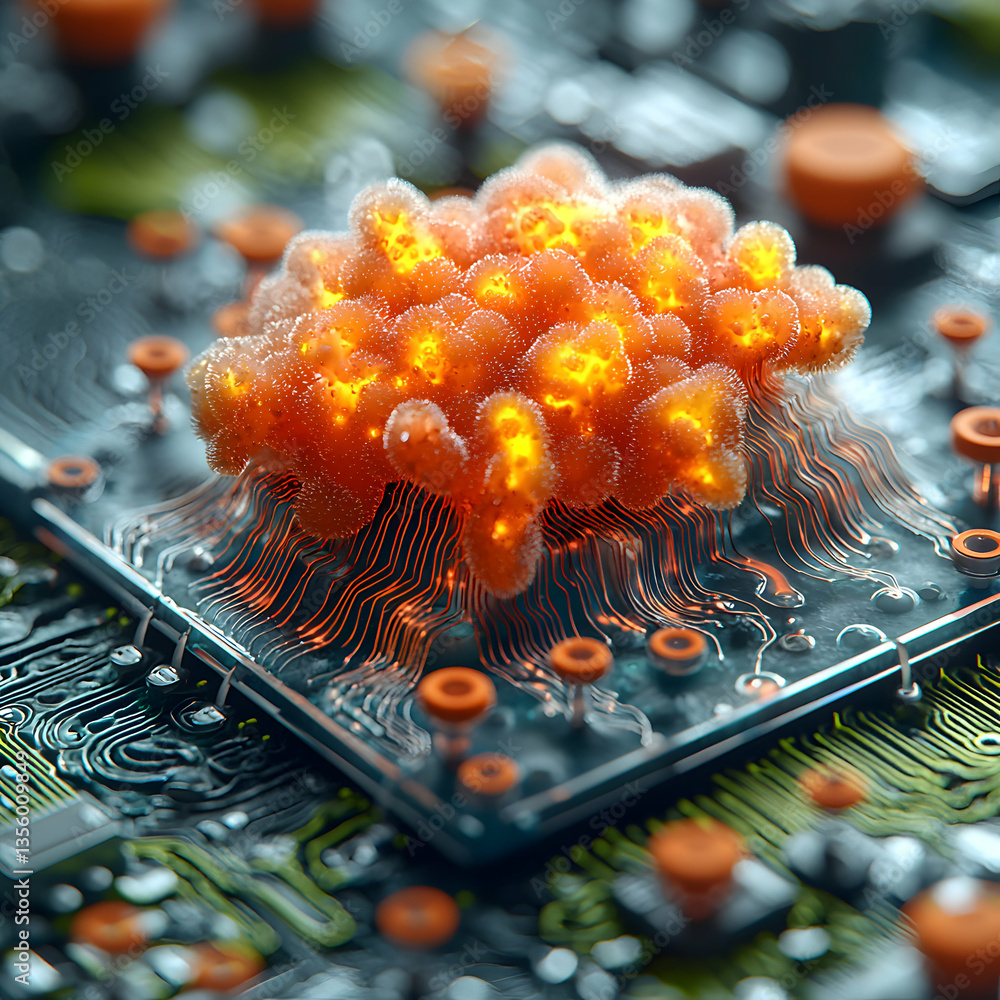 Wall mural a glowing biological form merging with a circuit board symbolizing technological innovation. imagine