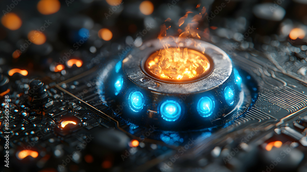 Poster a futuristic circuit board with a central glowing component. the circuit board has a stylish look wi
