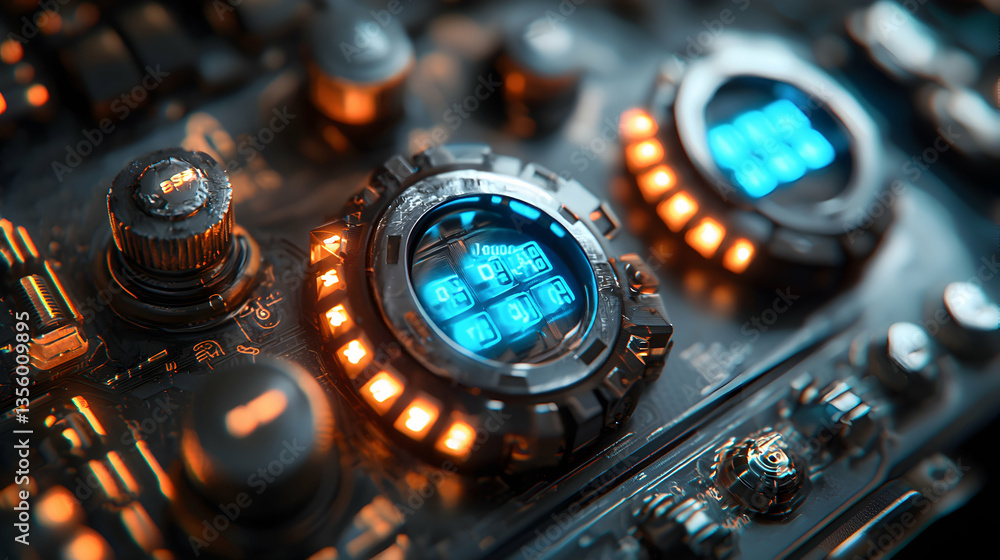Poster a futuristic close-up reveals intricate circuits glowing displays and glowing buttons suggesting adv