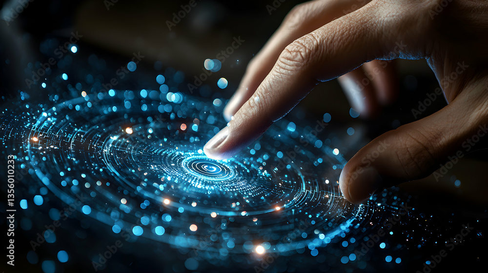 Poster a hand interacts with glowing digital data patterns resembling a futuristic interface. ideal for tec