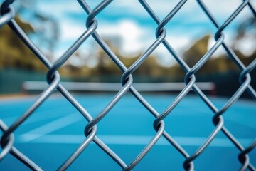 Fototapeta premium Close-up of a chain link fence, blurred blue tennis court in the background. Symbolize restriction, security, or a barrier, use for sport concept.