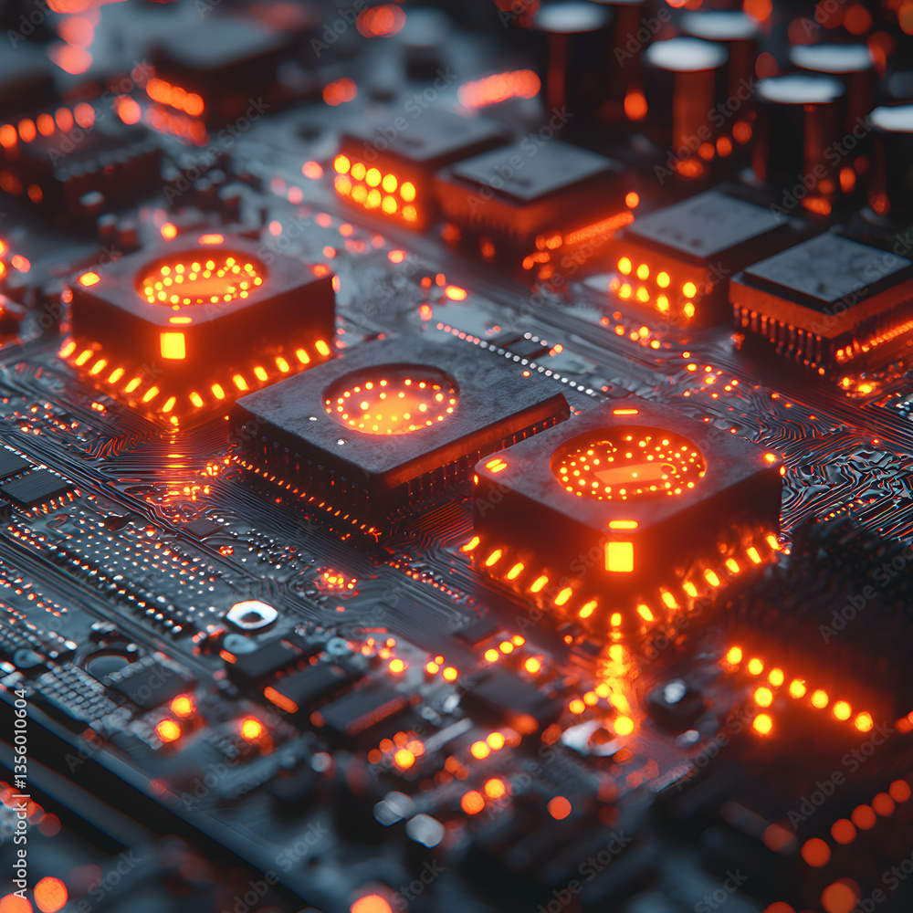 Poster intense image of a glowing circuit board. this image can be used for technology related presentation